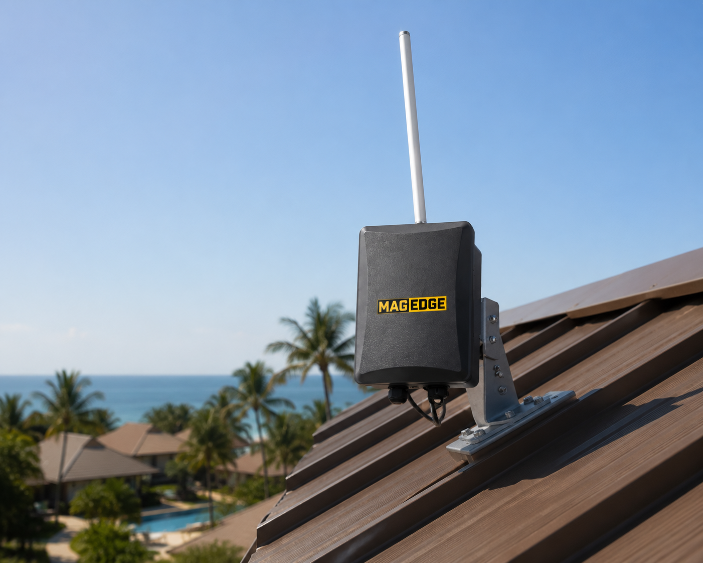 MagEdge LoRaWAN gateway installed at a resort rooftop for on-site mesh network coverage
